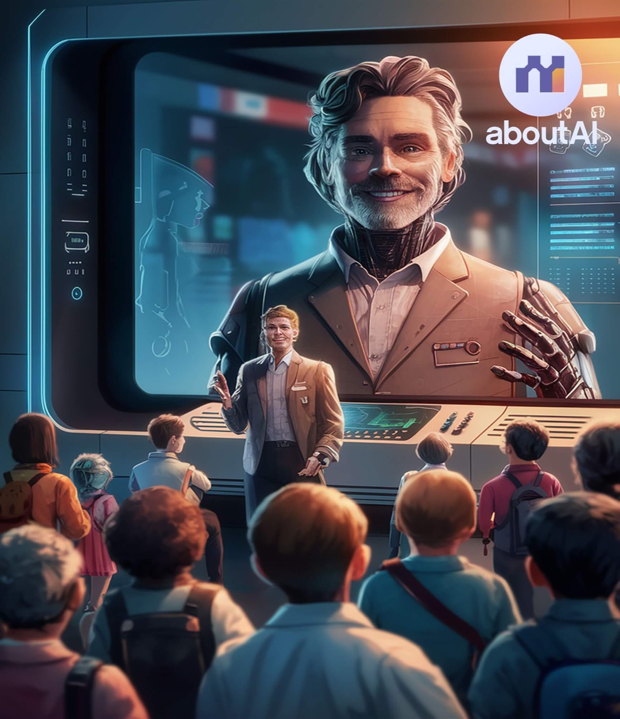 An AI presenter on a large screen addressing a room of schoolchildren