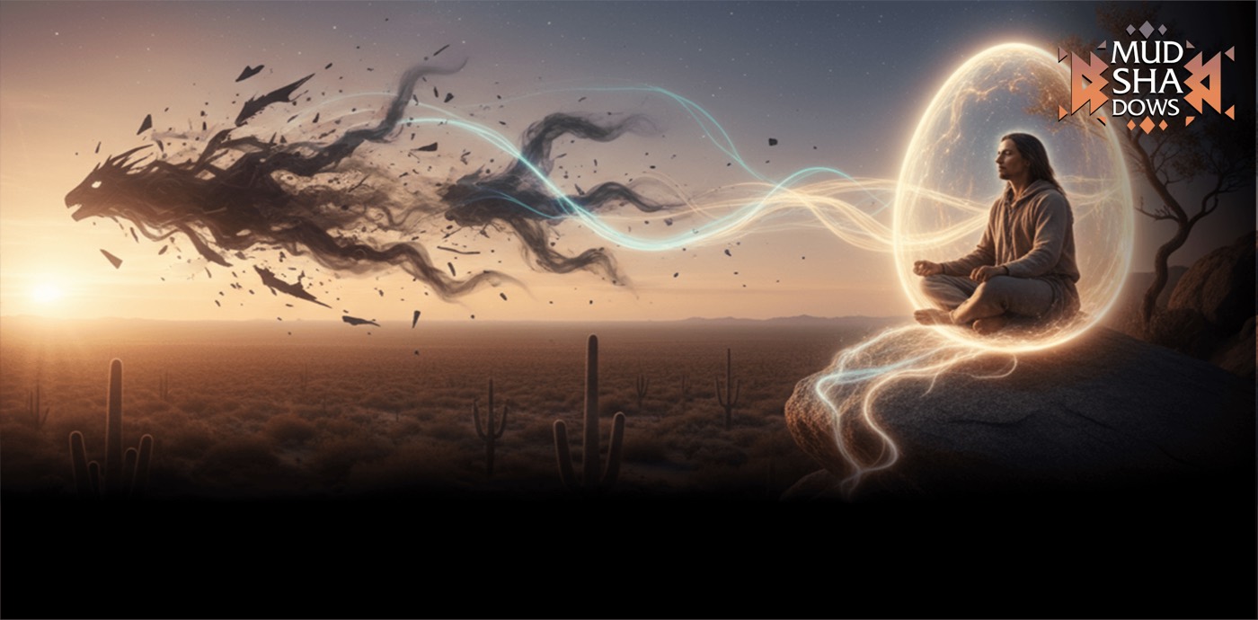 A seated figure inside a luminous egg of light, with dark shapes streaming away across a desert