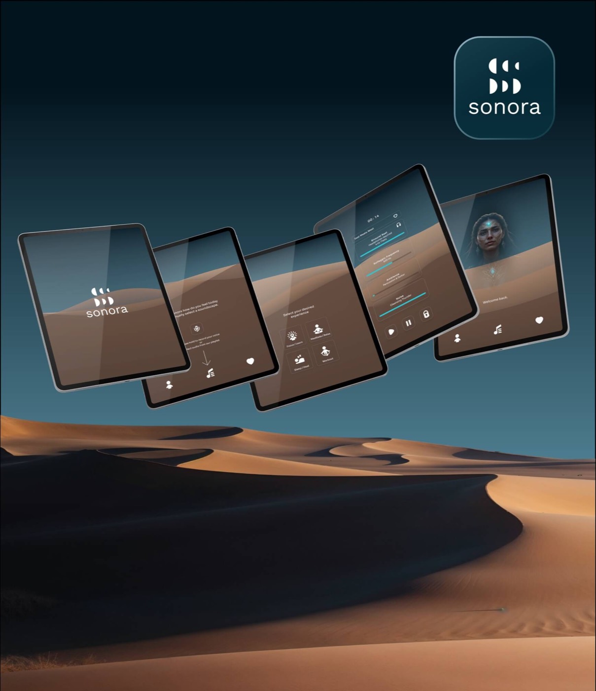 Sonora running across five tablet screens above a desert landscape