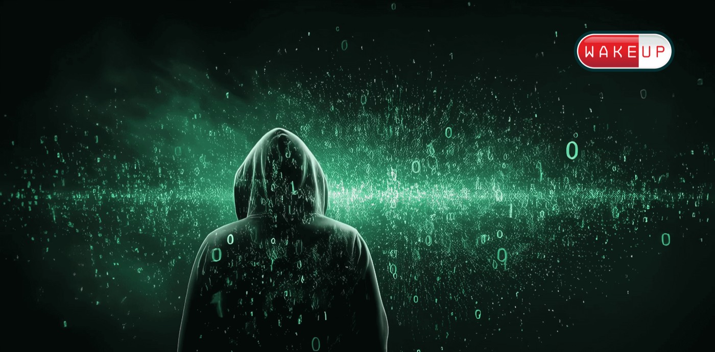 A hooded figure facing a field of dissolving green binary characters